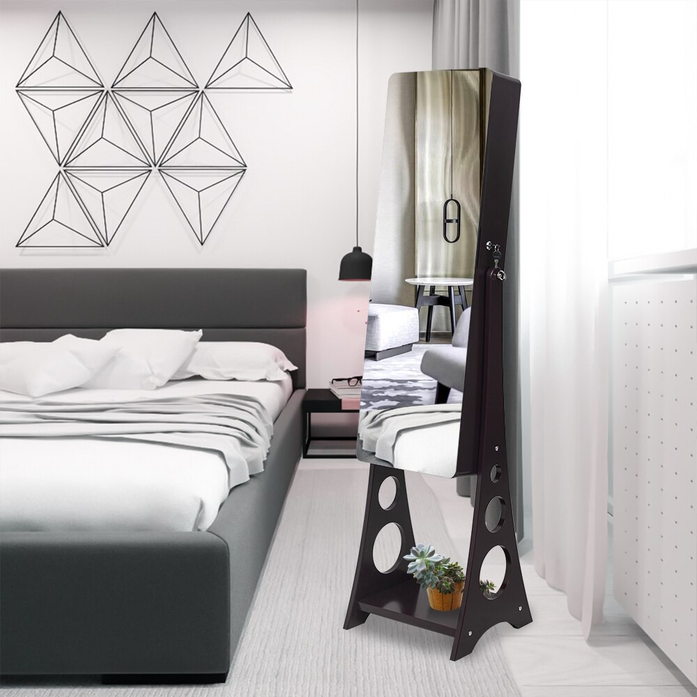 Full body makeup mirror cabinet in a bedroom setting.